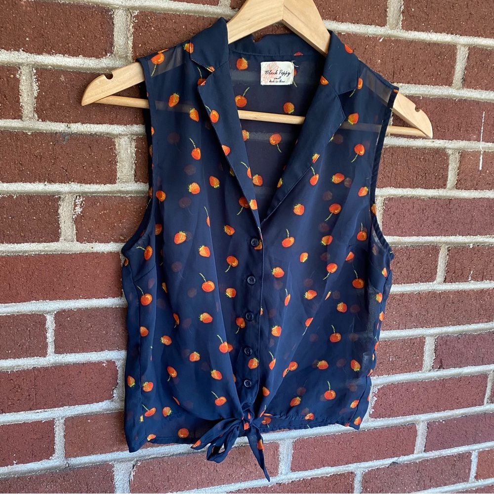 Black Poppy Cherry & Strawberry Semi Sheer Button Up Top w/ Tie Front Size S
